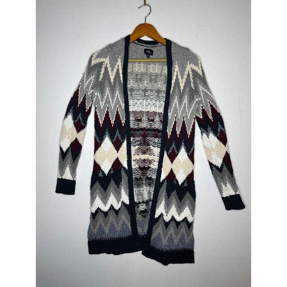 American Eagle Long Cardigan Sweater Womens Small Multicolor Chevron Geometric